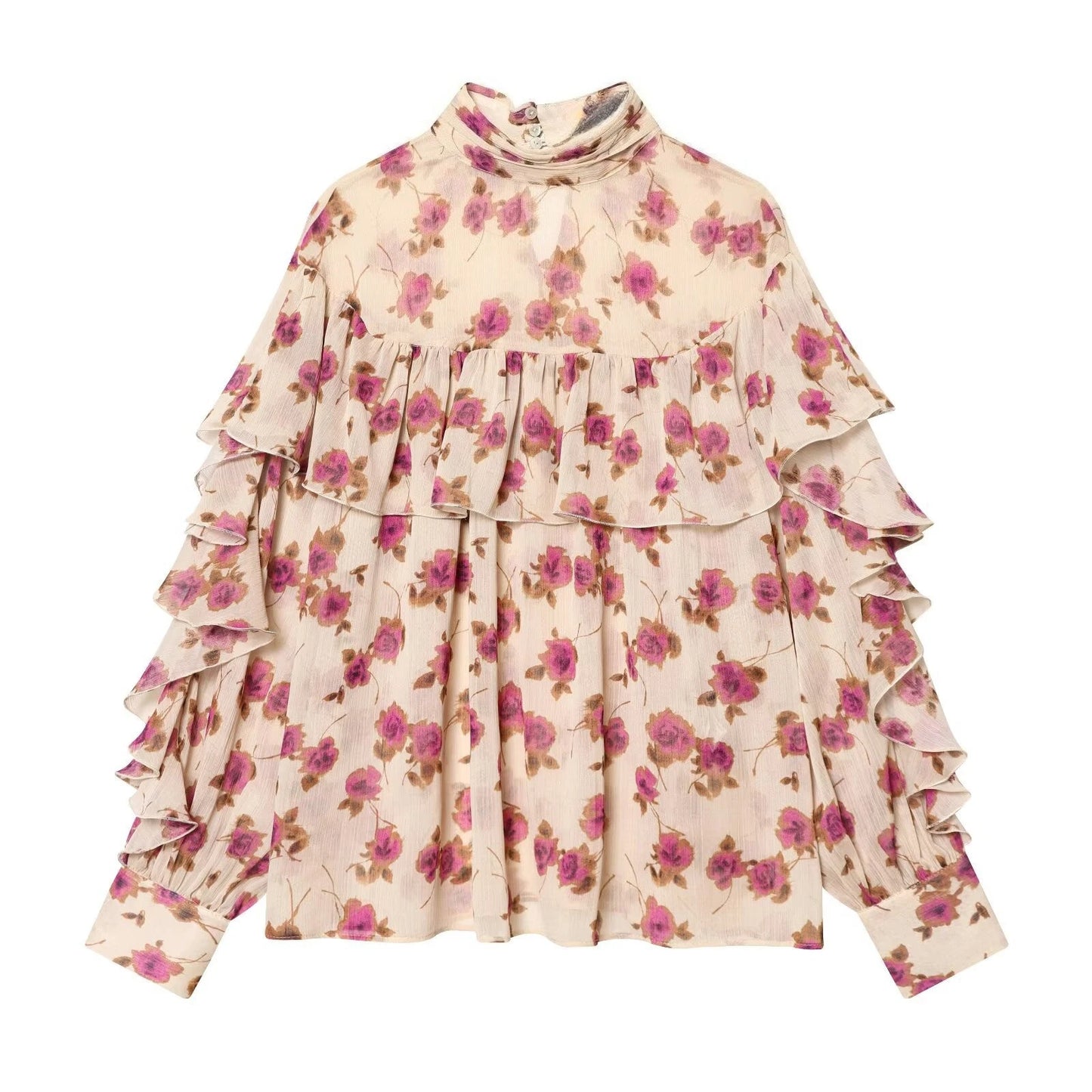 Chiffon Floral Printed Women's Blouses Shirts Vintage Long Sleeve Sweet Elegant Ruffles Blouse Shirt Spring Summer Ladies Tops