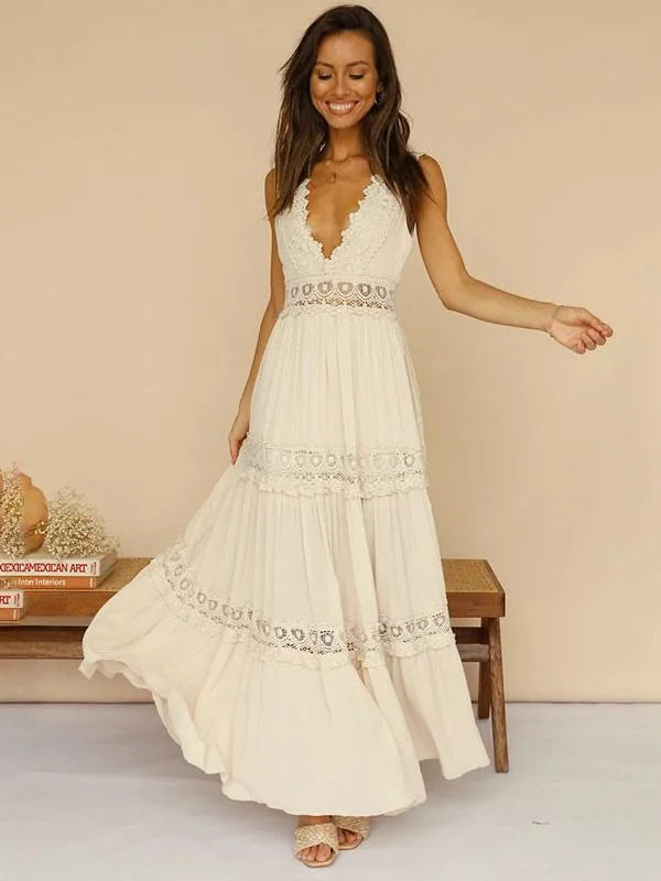 Floor Length Maxi Dresses for Women Robe Boho Beach Wear Deep V-neck Backless Cotton Rayon Lace Dress Summer Party Vestidos