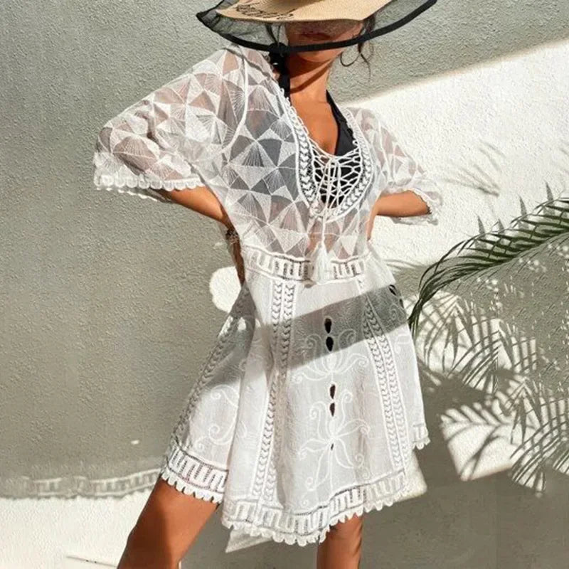AYUALIN White Lace Cardigan See Through Long Blouse Women Bikini Cover Up Vintage Sexy Boho Beach Summer Vestido Smock Robe