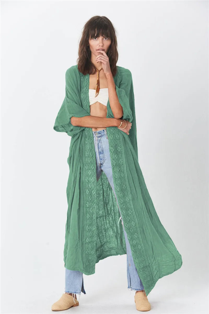 Cotton Rayon Boho Beach Wear Bikini Swim Cover Up Women Kimono Robe Summer Vintage dress Boho Splice lace Loose Long Blouse