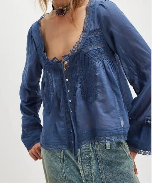 Flare Long Sleeve Loose Blouses Shirts For Women Free Style Cotton Lace Blouse Boho Beach Hippie Lightweight Ladies top Summer