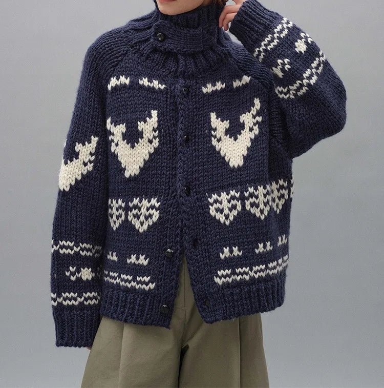Boho Chunky Knit Sweater Women Jacket knitted Coat Casual Jacquard Turtlneck Thick Warm Winter Pullovers Loose Outwear Jumper