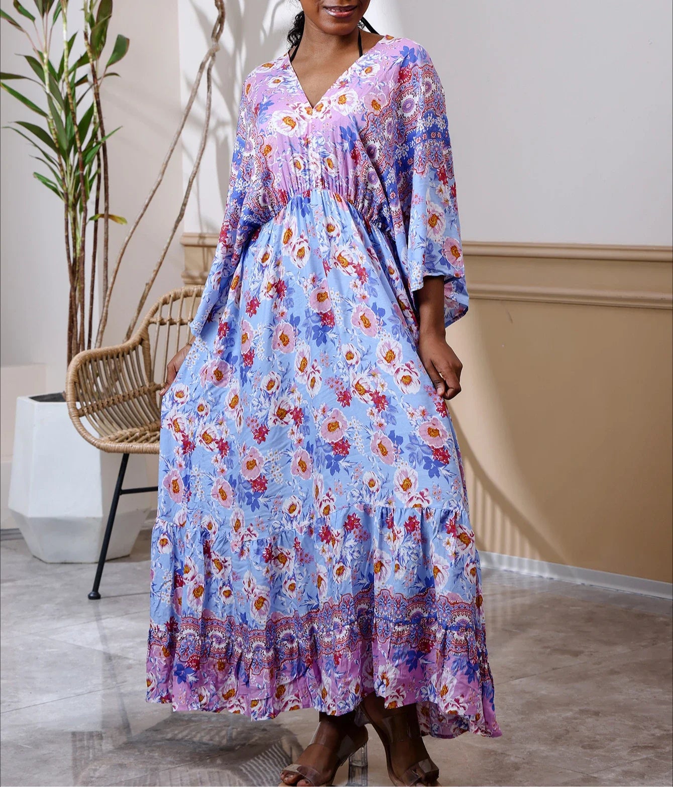 Deep V Neck Cotton Rayon Floral Printed Long Dress Summer Boho Beach Cover up Casual Loose Elastic Waist Maxi Dresses Women Robe