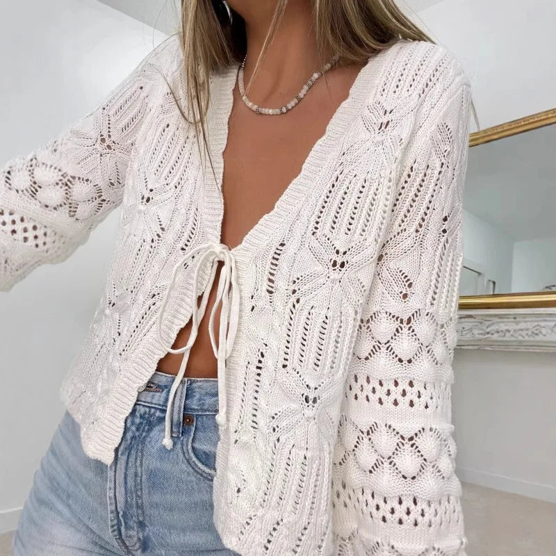 White Hollow Out Lace Upknitted Sweaters For Women Blouses shirts Long Sleeve Autumn Boho Beach Blusas Ladies Tops Cardigan Top