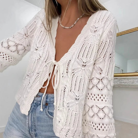 White Hollow Out Lace Upknitted Sweaters For Women Blouses shirts Long Sleeve Autumn Boho Beach Blusas Ladies Tops Cardigan Top