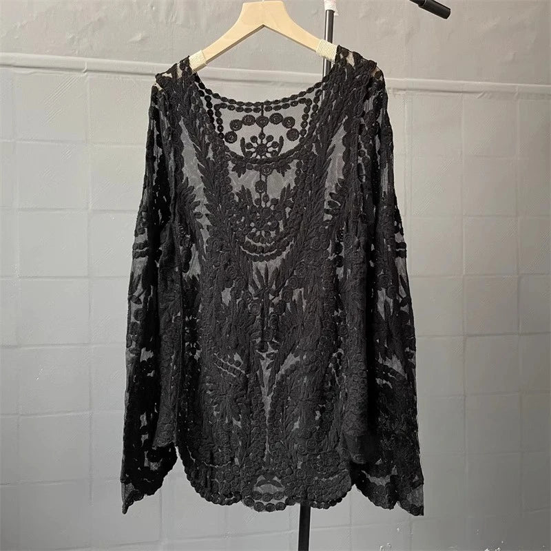 Boho Beach Lace Blouse Swim Cover-up Summer Sexy Floral Embroidery  Robe Long Sleeve For Women Blouses Shirts Lace Blouses Tops
