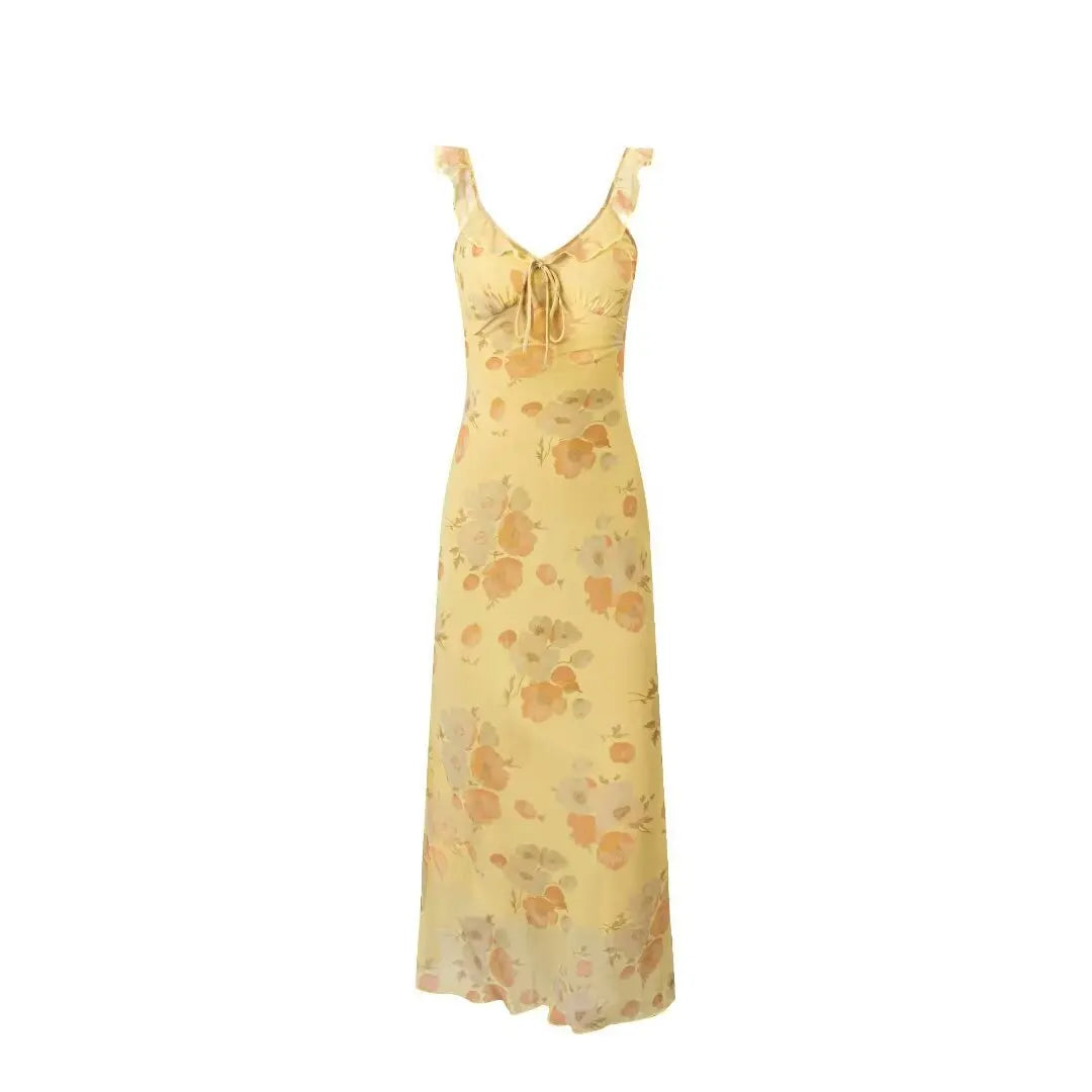 Chiffon Floral Print Long Dresses Women Elegant Slim Sweet Summer Dress Sexy Ruffles V-neck Strappy Vestidos Ladies Party Robe