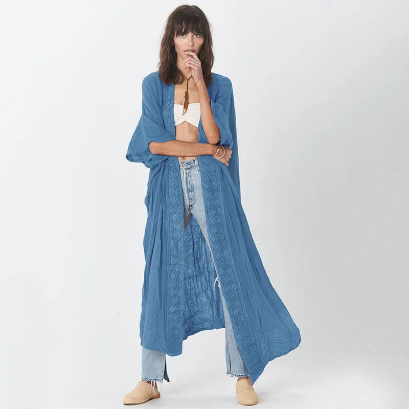 Cotton Rayon Boho Beach Wear Bikini Swim Cover Up Women Kimono Robe Summer Vintage dress Boho Splice lace Loose Long Blouse