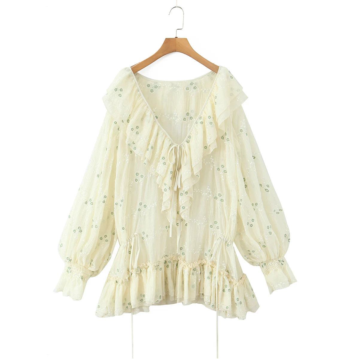 Ruffles V Neck Mini Dresses for Women Blusas Vintage Floral Embroidery Spring Long Sleeve Party Elegant Ladies Dress Vestidos