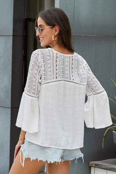 AYUALIN White Flare Sleeve Lace Blouses Women Top Vintage V Neck Hollow Summer Blouse Shirt 2025 Casual Boho Blusas