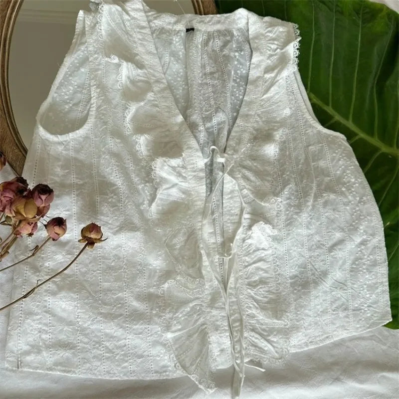 Cotton Floral Embroidered Blouse Shirt Casual Sleeveless V Neck Lace-up Boho Beach Summer Women's Blouses Layered Lace Shirt