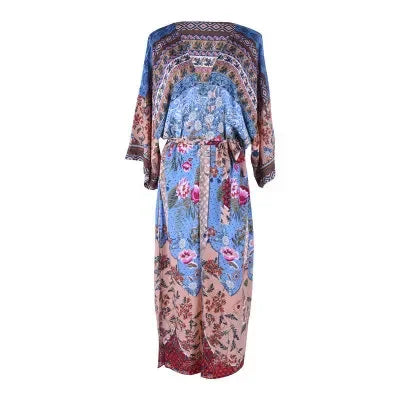 Rayon Cotton Floral Printed Kimono Sleeve Summer Dresses Swim Cover Up Dress Boho Beach Wear Robe Cardigan Coverup Vestidos