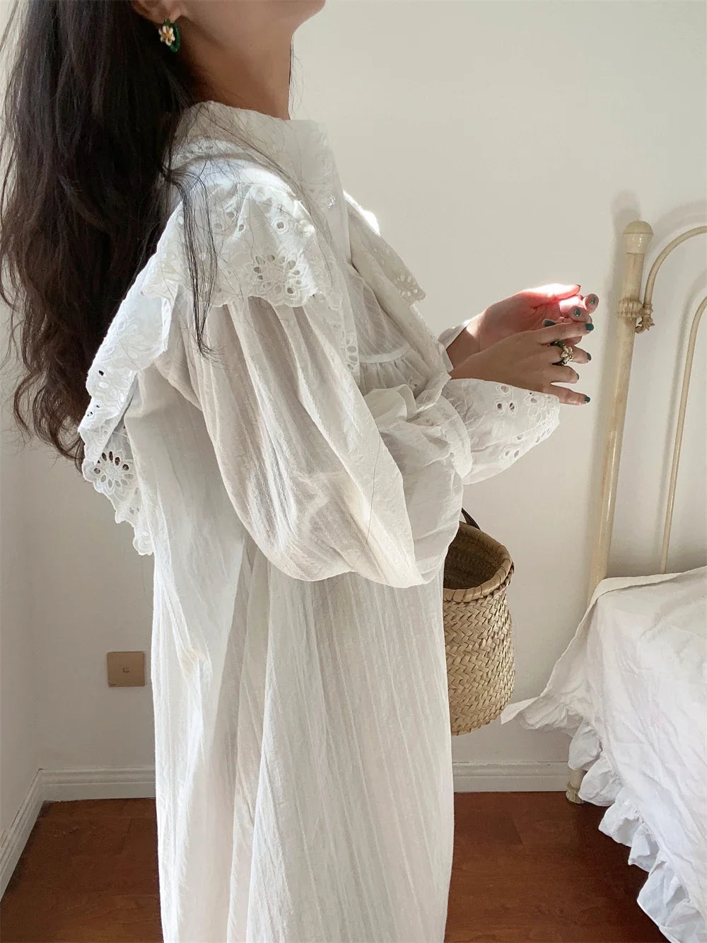 Flare Long Sleeve Ruffles Dress For Women Robe Cotton White Floral Embroidery Lace Dresses Oversize Casual  Autumn Boho Vestidos