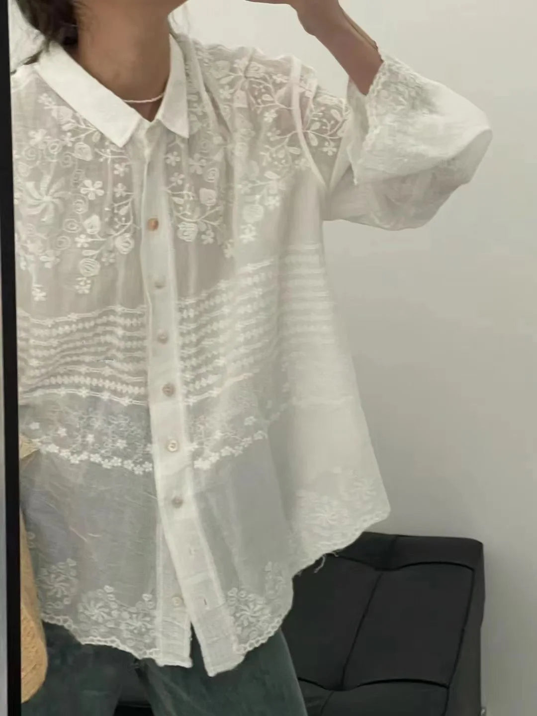 Long Sleeve Casual Boho Beach Wear Blouse White Cotton Embroidery Lace Blouses Shirts For Women Top Vintage Spring Summer Blusas