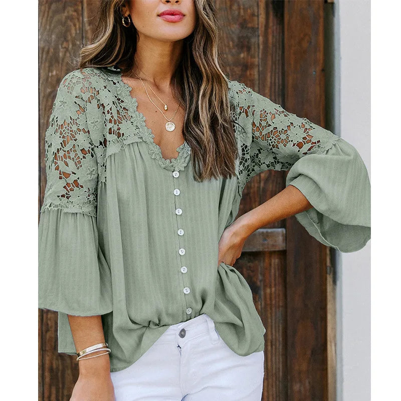 AYUALIN Hollow Out White Lace Blouses Shirt For Women Top Vintage V Neck Flare Sleeve Summer Blouse Ladies Boho Blusas boho