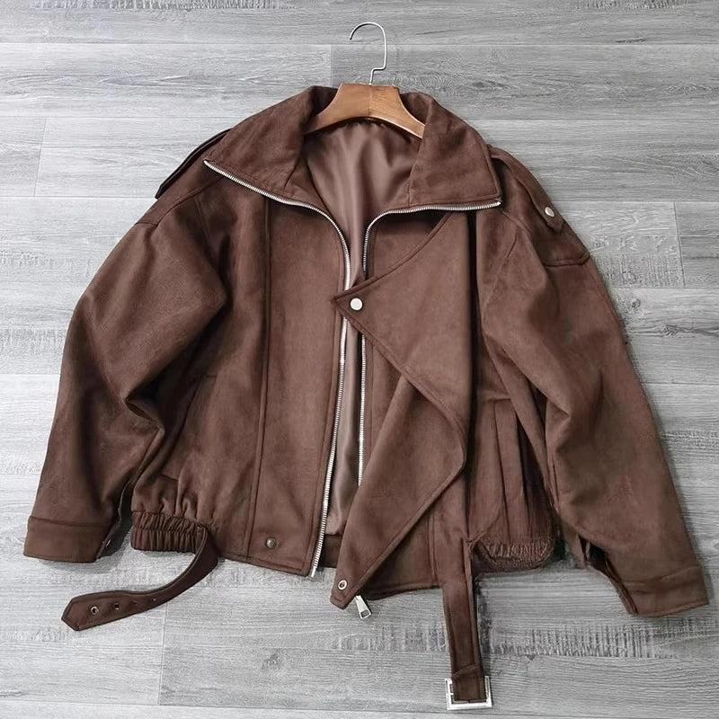 Brown Retro Maillard Jackets for Women Coats Cool Lapel Suede Motorcycle Jacket Autumn Winter Warm Loose Short Coat Outwear
