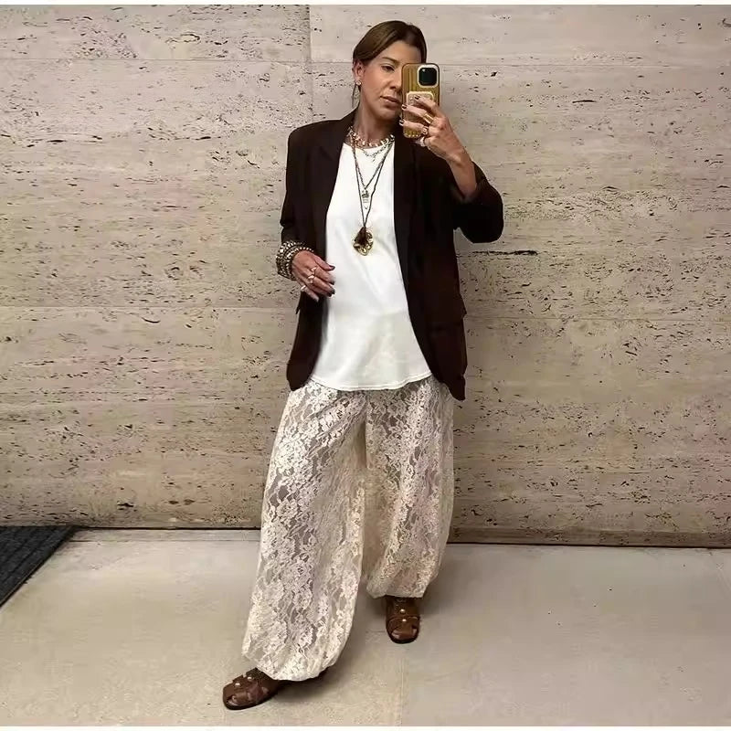 Lace Bloomers Pants for Women Casual Loose Elastic Waist Trousers Spring Summer Long Pants Boho Beach Creamy-white Baggy Pants