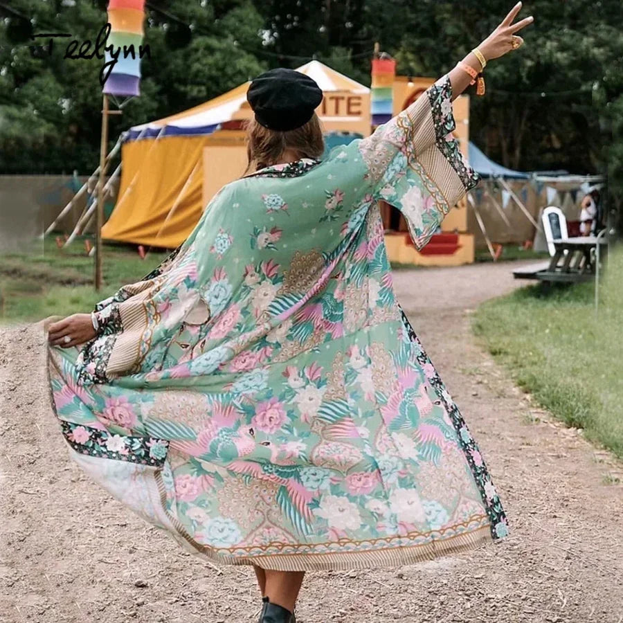 AYUALIN Kimono Wrapped Dress for Women Rayon Boho Green Floral Print Summer Dresses Beach Wear Long Dresses Vestidos Verano 2024