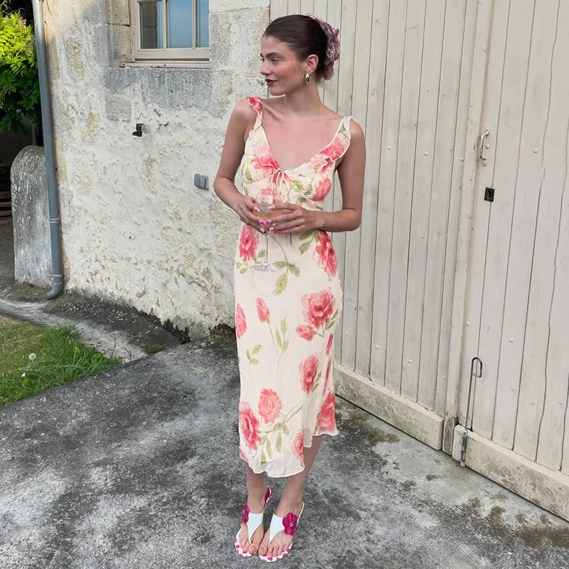 Chiffon Floral Print Long Dresses Women Elegant Slim Sweet Summer Dress Sexy Ruffles V-neck Strappy Vestidos Ladies Party Robe