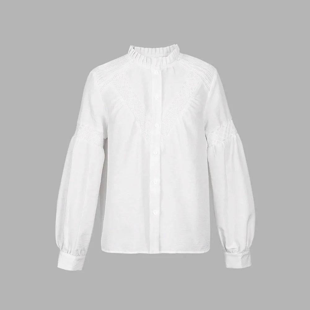 White Blouses Shirts for Women Puff Long Sleeves Splicing Lace Casual Spirng Summer Blouse Boho Beach Blusas Elegant Ladies Tops