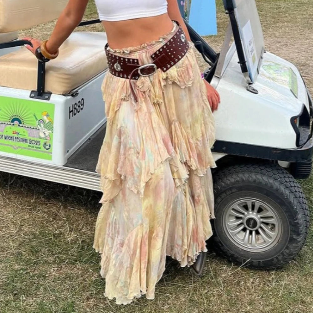 Boho Beach Irregular Long Skirts for Women Chiffon Printed Summr Skirt Gypsy Retro Elastic Waist A-line Loose Falda Mujer