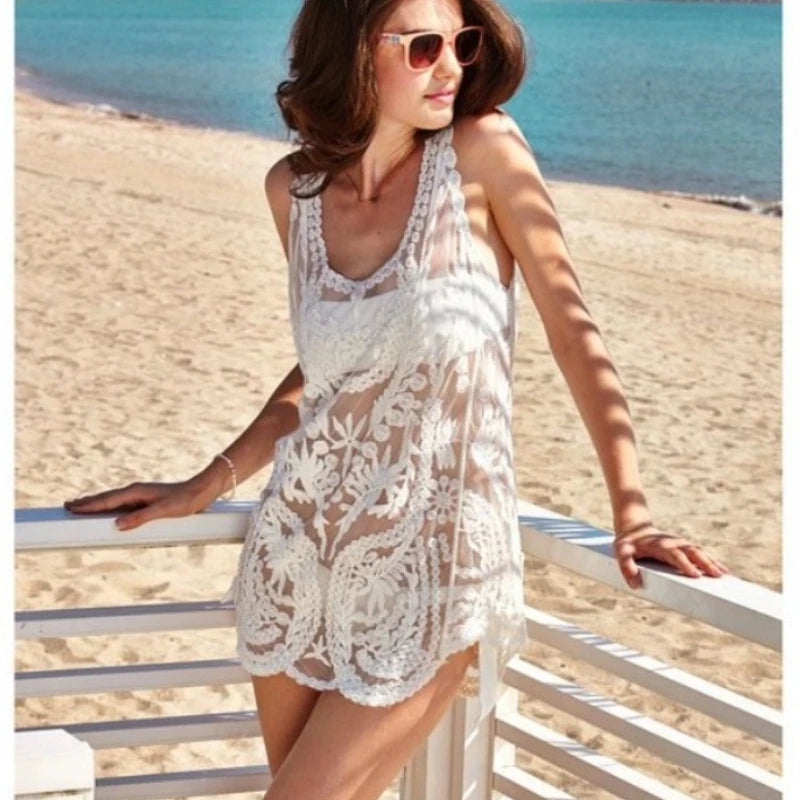 Boho Beach Cover-up Sexy Sleeveless Blouse Shirt Women Lace Top Summer Mini Vestidos Floral Embroidery T-Shirts Tank Tee Shirts